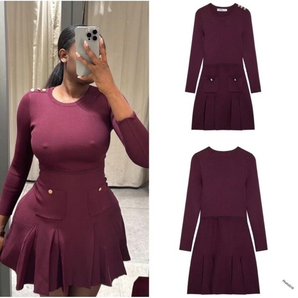ZARA WOMAN NWT PLEATED SHORT KNIT DRESS BURGUNDY XL NWOT -  threedaughtersproperties.com